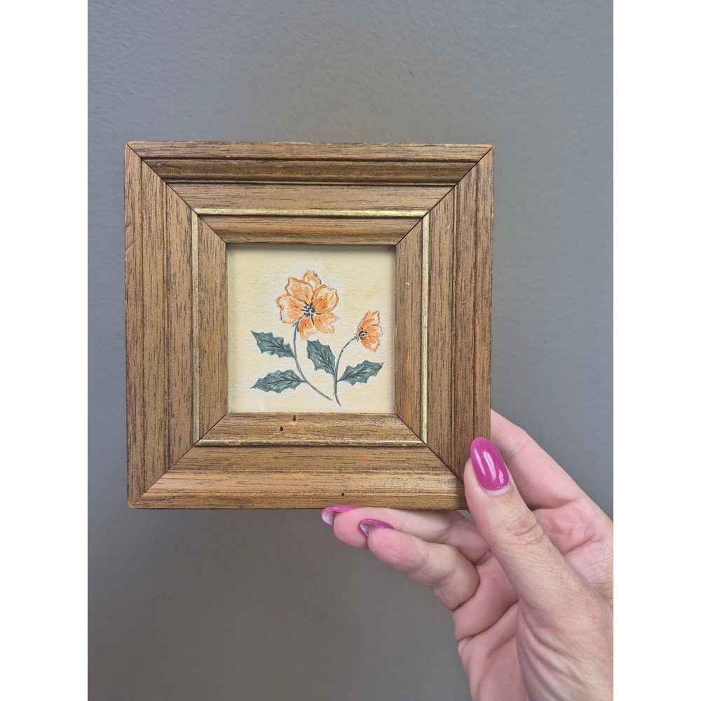 Vintage Miniature Framed Floral Art Orange Flower Wood Frame 5.5x5.5